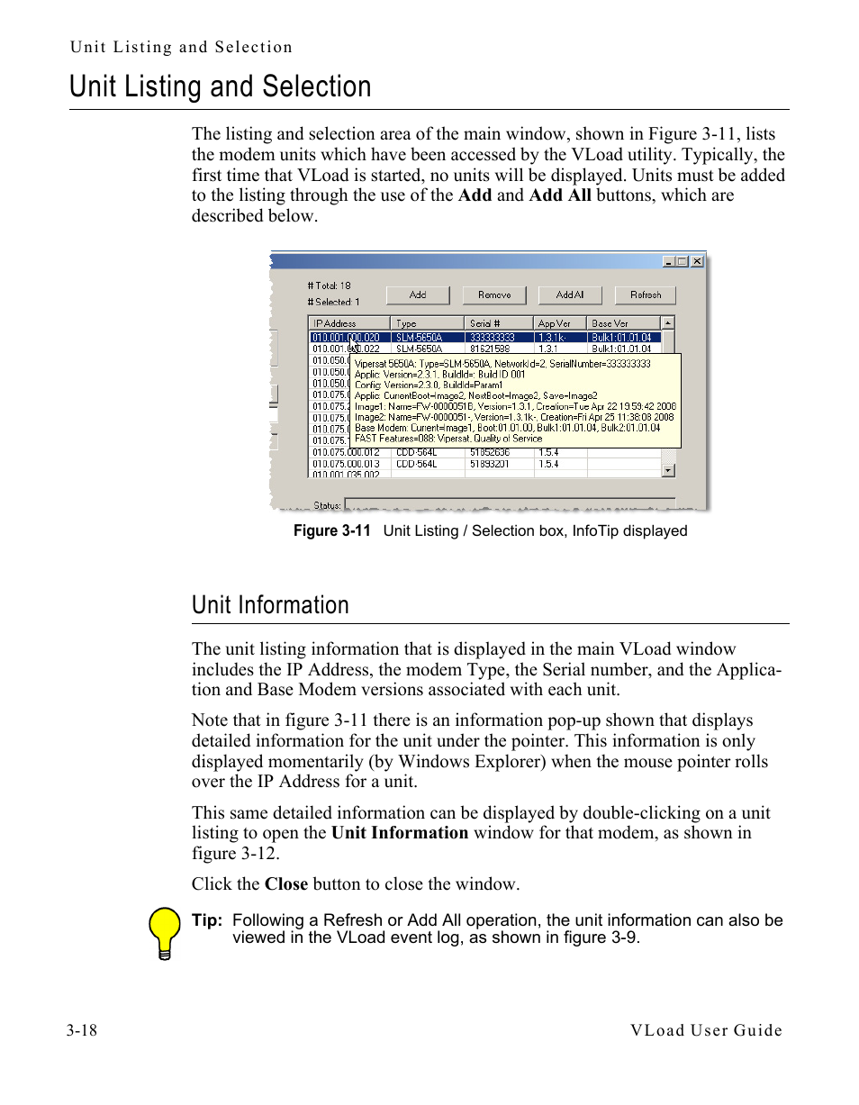 Unit listing and selection, Unit information, Unit listing and selection -18 | Unit information -18, Figure 3-11 unit listing / selection box, infotip, Displayed -18, In the “unit listing | Comtech EF Data Vipersat Load Utility v3.5.x User Manual | Page 42 / 106