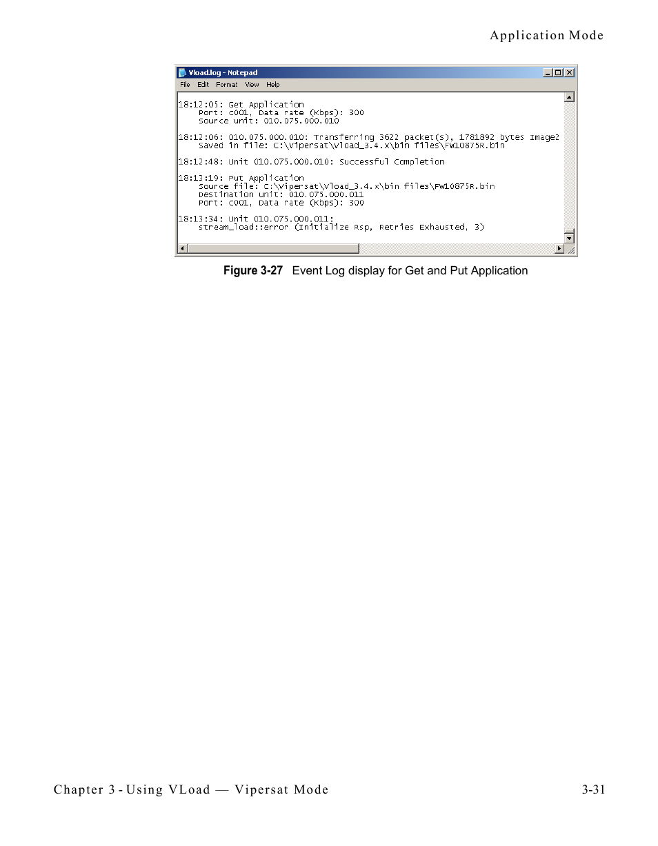 Figure 3-27 event log display for get and put, Application -31 | Comtech EF Data Vipersat Load Utility v3.5.x User Manual | Page 55 / 106