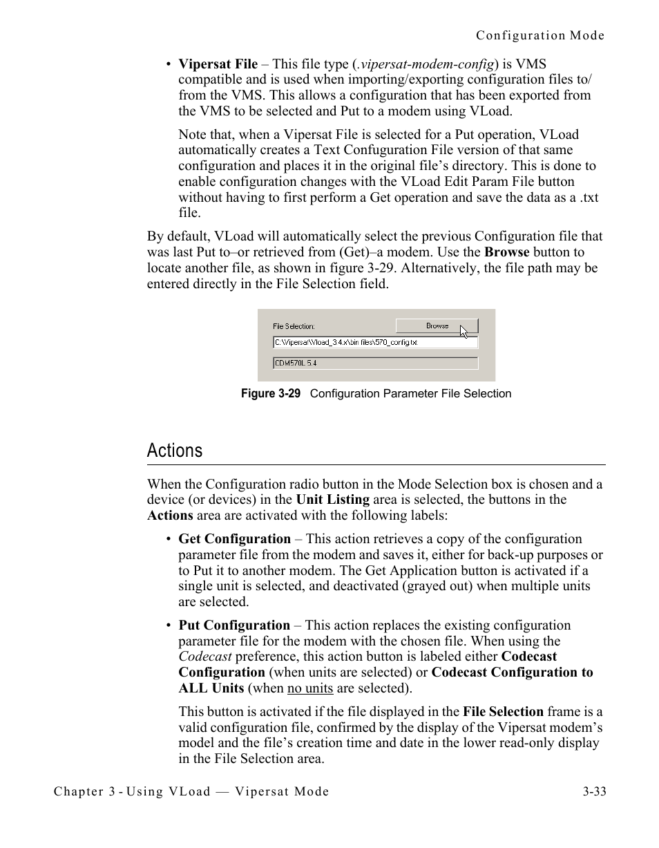 Actions, Actions -33, Figure 3-29 configuration parameter file selection | Comtech EF Data Vipersat Load Utility v3.5.x User Manual | Page 57 / 106