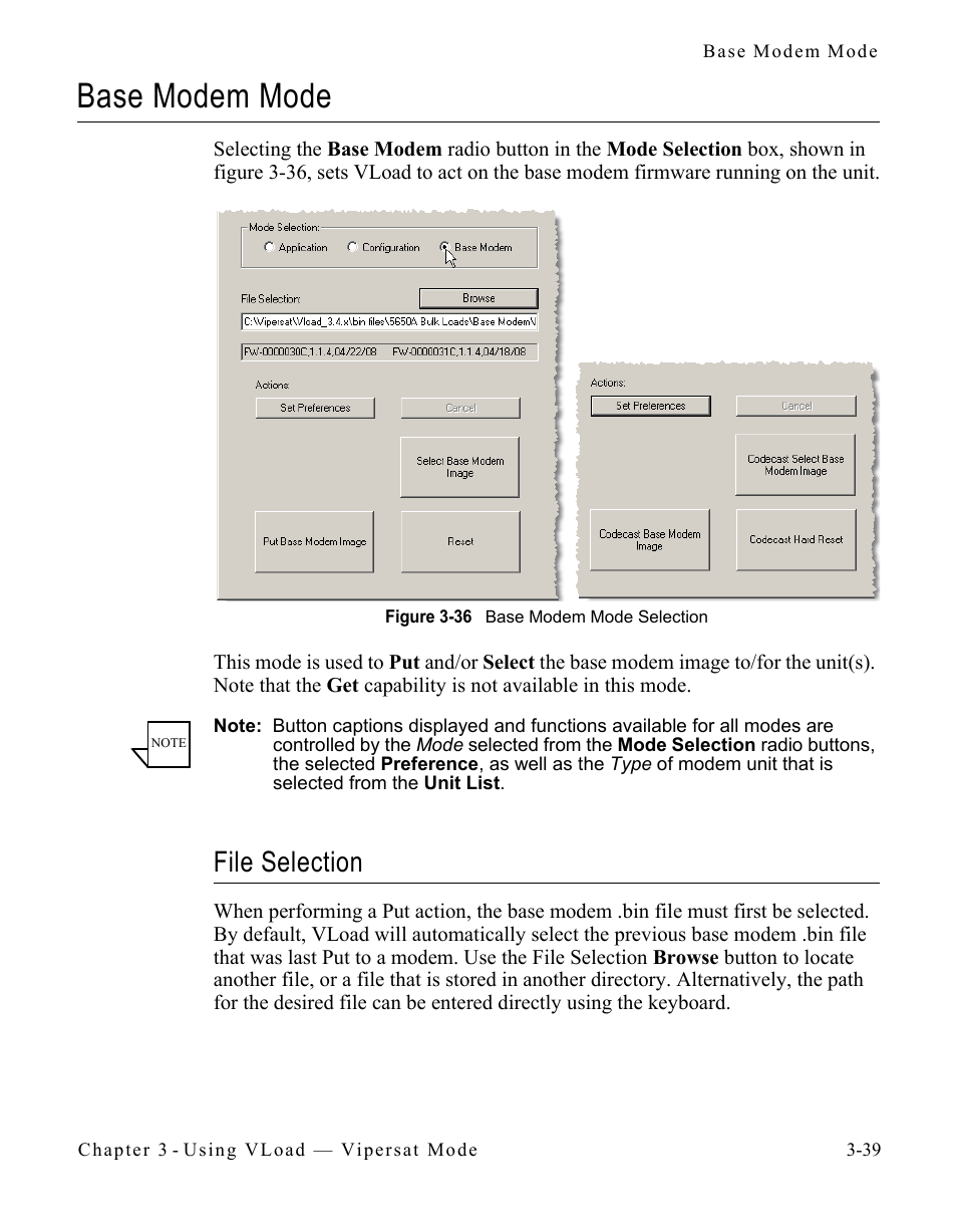 Base modem mode, File selection, Base modem mode -39 | File selection -39, Figure 3-36 base modem mode selection -39 | Comtech EF Data Vipersat Load Utility v3.5.x User Manual | Page 63 / 106