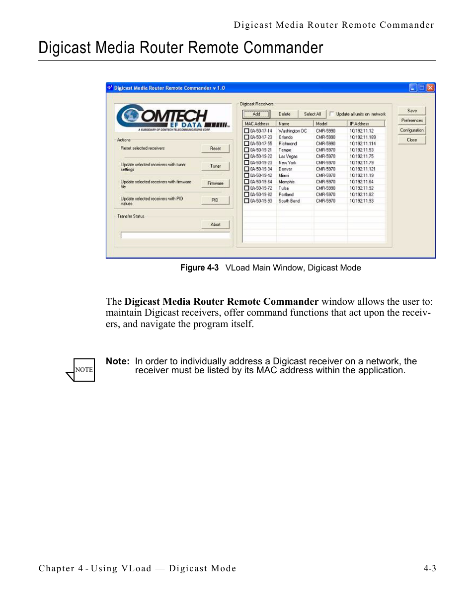 Digicast media router remote commander, Digicast media router remote commander . 4-3, Figure 4-3 vload main window, digicast mode 4-3 | Comtech EF Data Vipersat Load Utility v3.5.x User Manual | Page 73 / 106