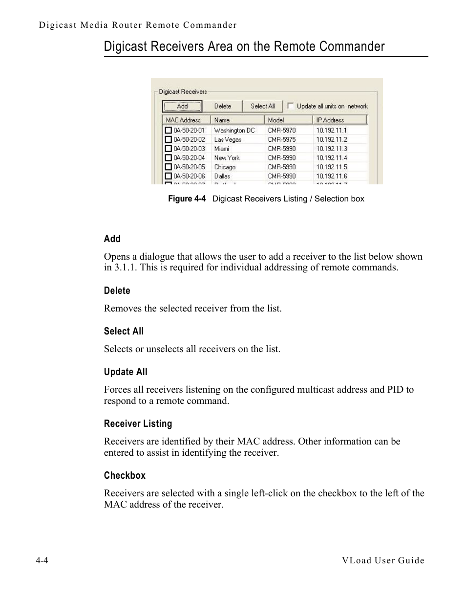Digicast receivers area on the remote commander, Delete, Select all | Update all, Receiver listing, Checkbox, Digicast receivers area on the remote, Commander -4 | Comtech EF Data Vipersat Load Utility v3.5.x User Manual | Page 74 / 106