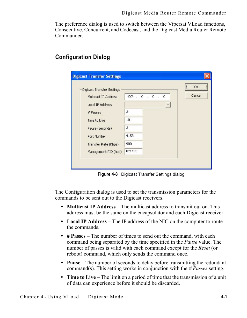 Configuration dialog, Configuration dialog -7, Figure 4-8 digicast transfer settings dialog -7 | Comtech EF Data Vipersat Load Utility v3.5.x User Manual | Page 77 / 106