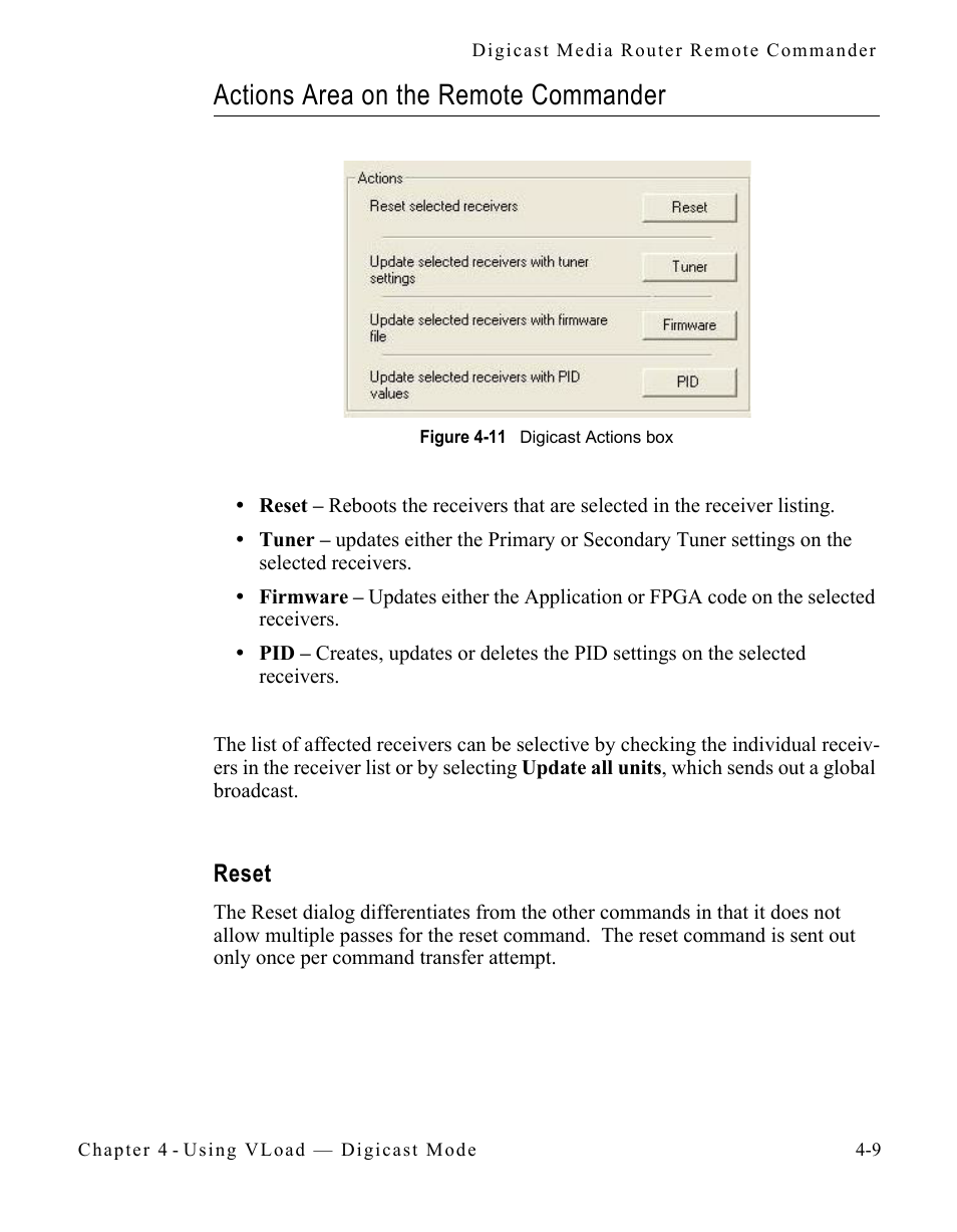 Actions area on the remote commander, Reset, Actions area on the remote commander . 4-9 | Reset -9, Figure 4-11 digicast actions box -9 | Comtech EF Data Vipersat Load Utility v3.5.x User Manual | Page 79 / 106