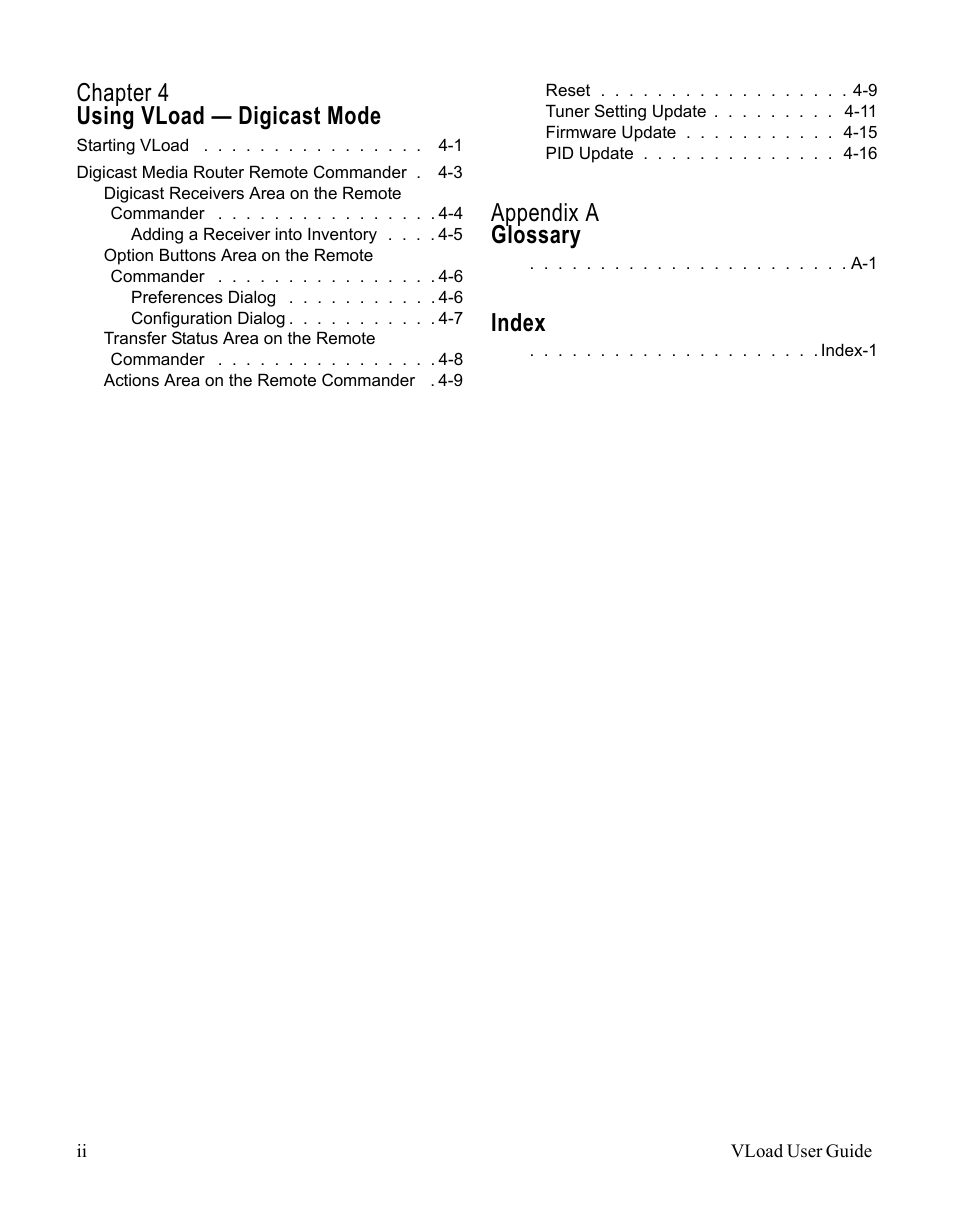 Chapter 4 using vload — digicast mode, Appendix a glossary, Index | Comtech EF Data Vipersat Load Utility v3.5.x User Manual | Page 8 / 106