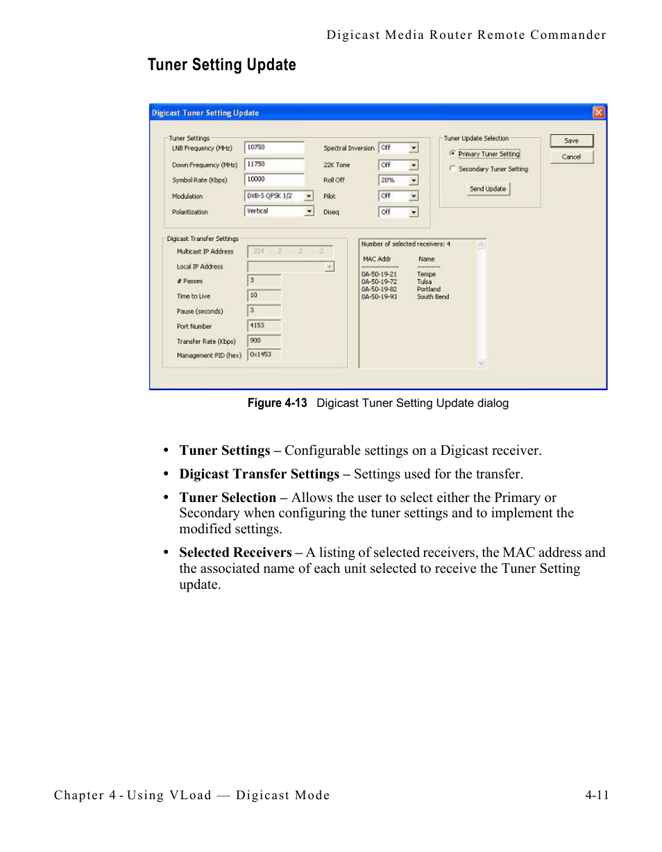 Tuner setting update, Tuner setting update -11, Figure 4-13 digicast tuner setting update dialog | Comtech EF Data Vipersat Load Utility v3.5.x User Manual | Page 81 / 106