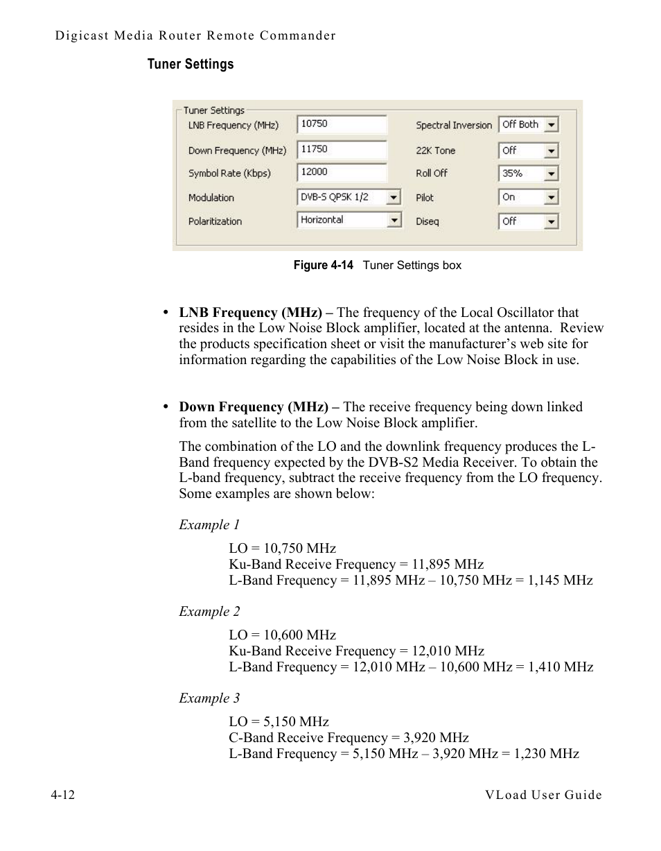 Tuner settings, Figure 4-14 tuner settings box -12 | Comtech EF Data Vipersat Load Utility v3.5.x User Manual | Page 82 / 106