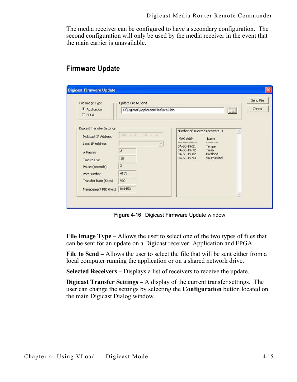 Firmware update, Firmware update -15, Figure 4-16 digicast firmware update window | Comtech EF Data Vipersat Load Utility v3.5.x User Manual | Page 85 / 106