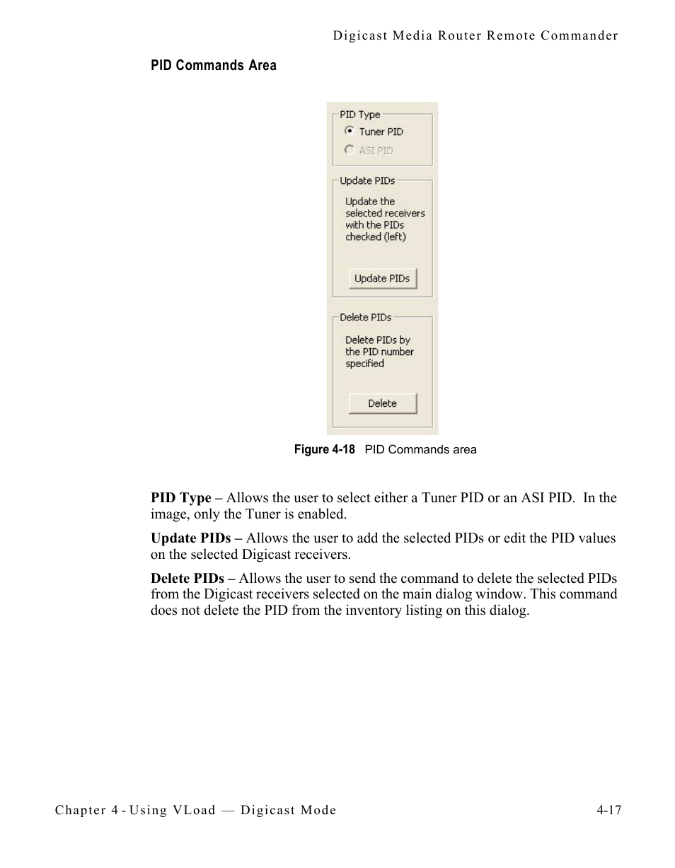 Pid commands area, Figure 4-18 pid commands area -17 | Comtech EF Data Vipersat Load Utility v3.5.x User Manual | Page 87 / 106