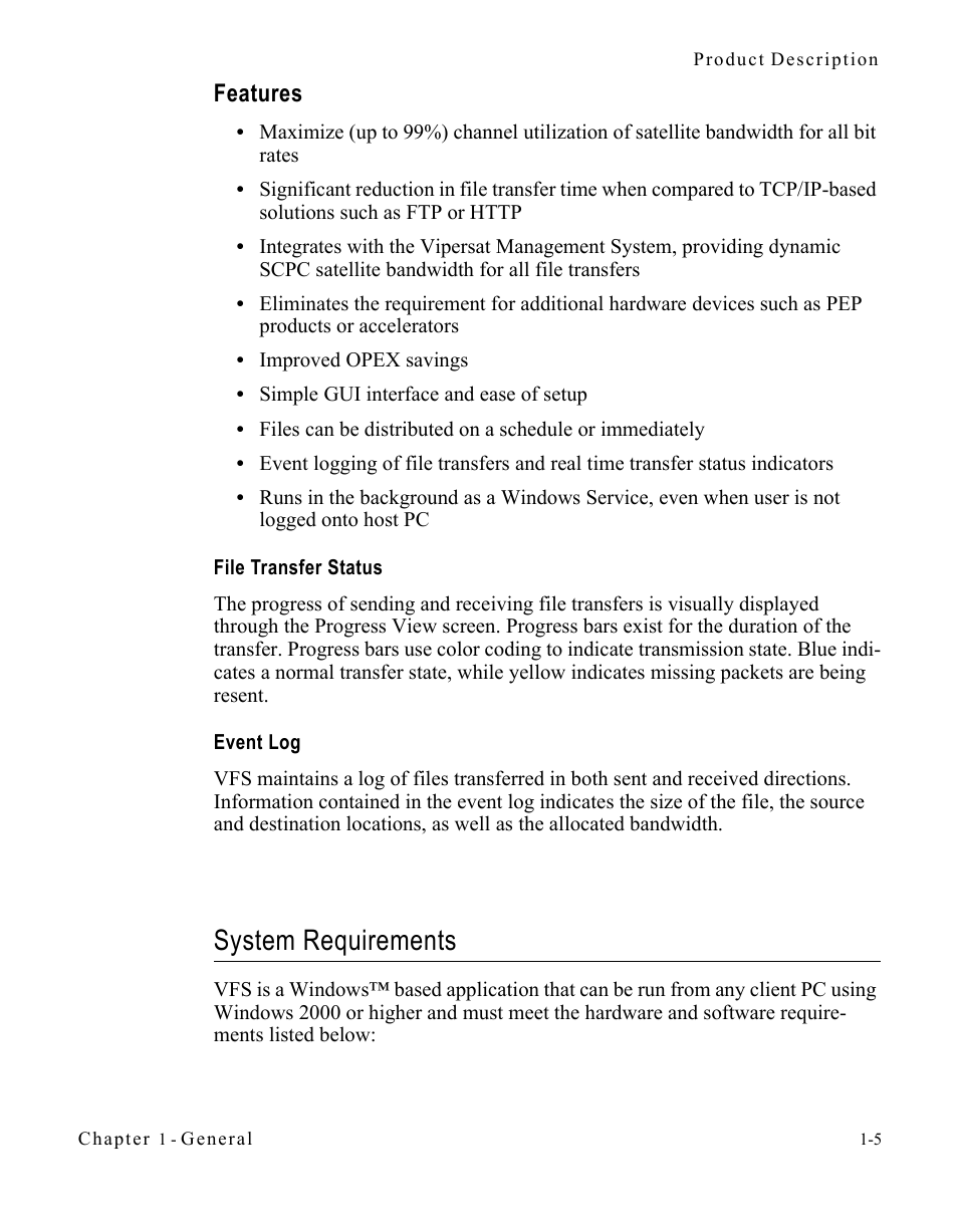 Features, File transfer status, Event log | System requirements, Features -5, System requirements -5 | Comtech EF Data VIPERSAT File Streamer v1.2.x User Manual | Page 15 / 56