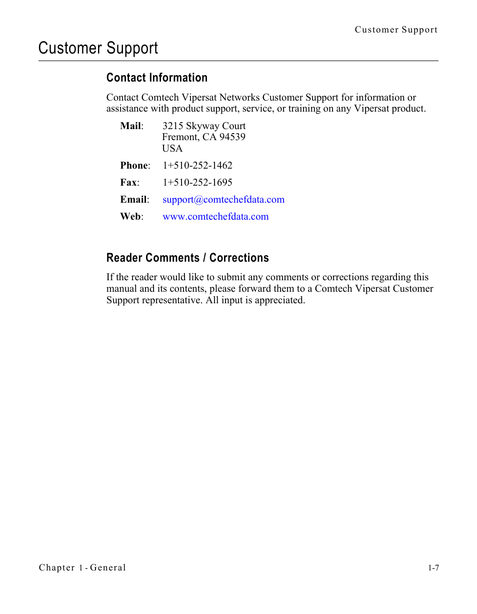 Customer support, Contact information, Reader comments / corrections | Customer support -7 | Comtech EF Data VIPERSAT File Streamer v1.2.x User Manual | Page 17 / 56