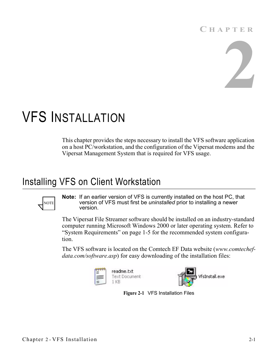 Vfs installation, Installing vfs on client workstation, Installing vfs on client workstation -1 | Figure 2-1 vfs installation files -1, Vfs i, Nstallation | Comtech EF Data VIPERSAT File Streamer v1.2.x User Manual | Page 19 / 56