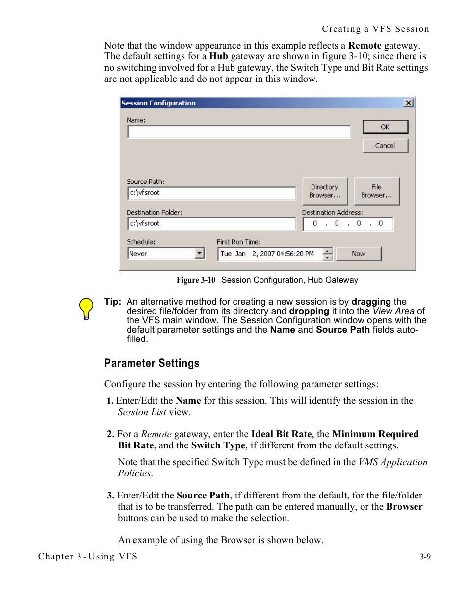 Parameter settings, Parameter settings -9, Figure 3-10 session configuration, hub gateway | Comtech EF Data VIPERSAT File Streamer v1.2.x User Manual | Page 37 / 56