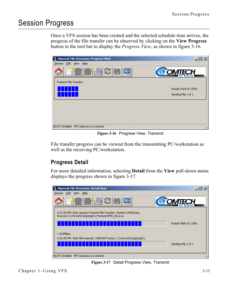 Session progress, Progress detail, Session progress -13 | Progress detail -13 | Comtech EF Data VIPERSAT File Streamer v1.2.x User Manual | Page 41 / 56