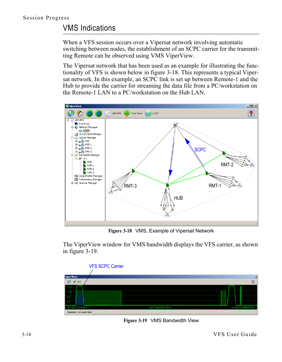 Vms indications, Vms indications -14, Figure 3-18 vms, example of vipersat network | Figure 3-19 vms bandwidth view -14 | Comtech EF Data VIPERSAT File Streamer v1.2.x User Manual | Page 42 / 56