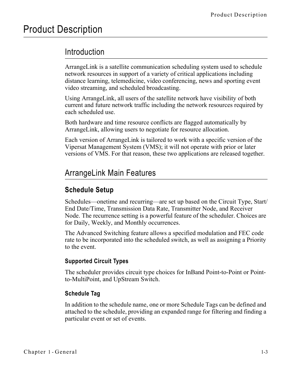 Product description, Introduction, Arrangelink main features | Schedule setup, Supported circuit types, Schedule tag, Product description -3, Introduction -3 arrangelink main features -3, Schedule setup -3, Supported circuit types -3 schedule tag -3 | Comtech EF Data Vipersat Circuit Scheduler v3.7.x ArrangeLink User Manual | Page 13 / 88