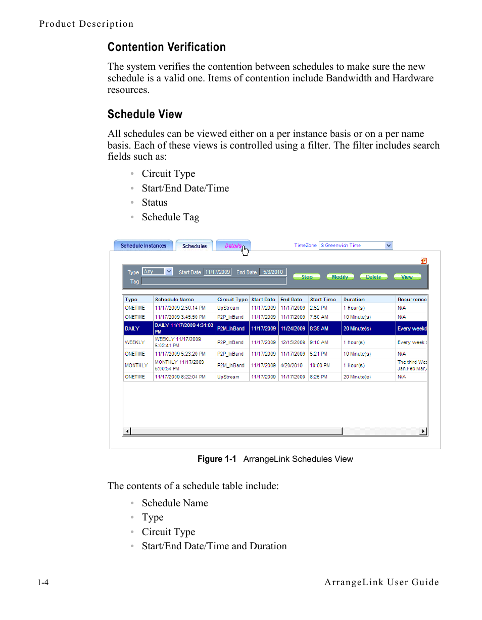 Contention verification, Schedule view, Contention verification -4 schedule view -4 | Figure 1-1 arrangelink schedules view | Comtech EF Data Vipersat Circuit Scheduler v3.7.x ArrangeLink User Manual | Page 14 / 88