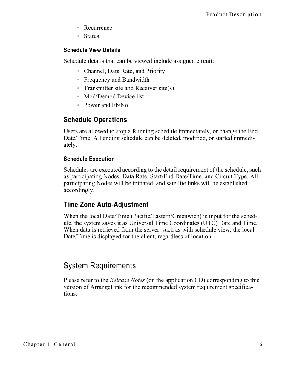 Schedule view details, Schedule operations, Schedule execution | Time zone auto-adjustment, System requirements, Schedule view details -5, Schedule operations -5, Schedule execution -5, Time zone auto-adjustment -5, System requirements -5 | Comtech EF Data Vipersat Circuit Scheduler v3.7.x ArrangeLink User Manual | Page 15 / 88