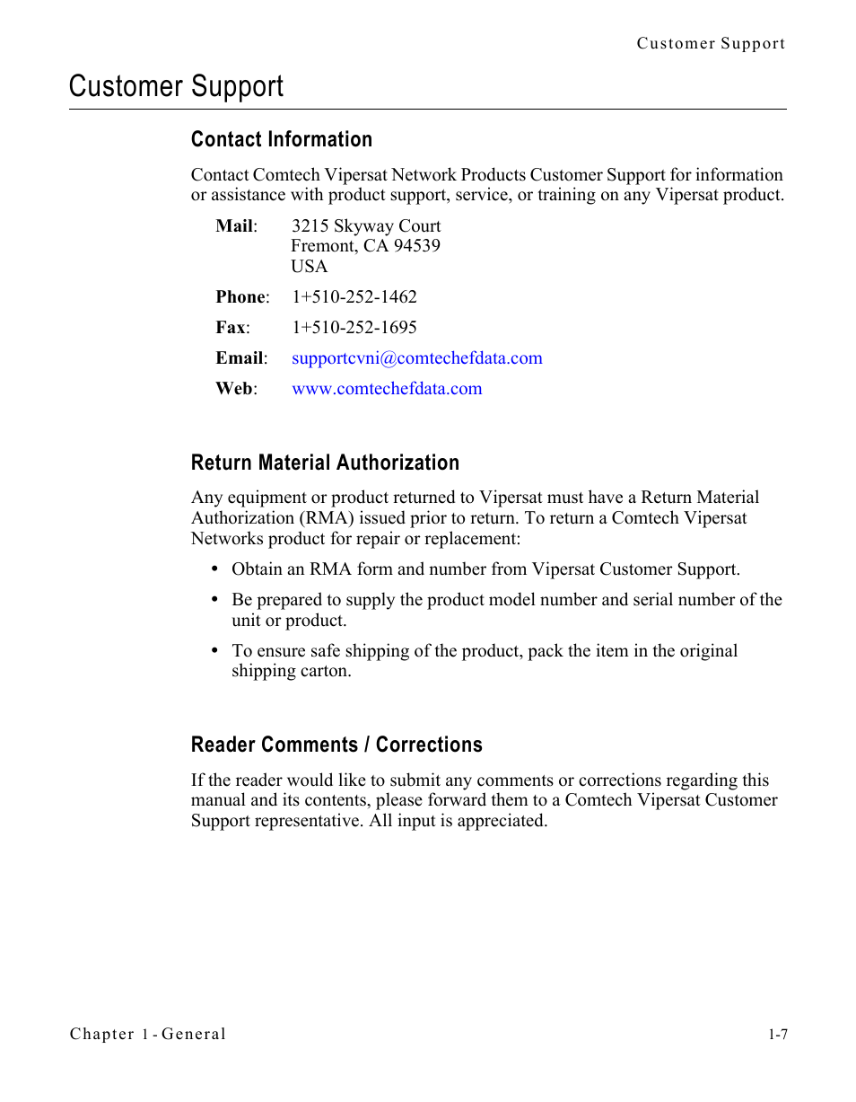 Customer support, Contact information, Return material authorization | Reader comments / corrections, Customer support -7 | Comtech EF Data Vipersat Circuit Scheduler v3.7.x ArrangeLink User Manual | Page 17 / 88