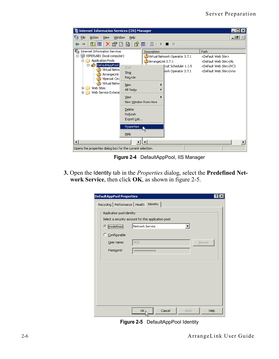 Figure 2-4 defaultapppool, iis manager, Figure 2-5 defaultapppool identity | Comtech EF Data Vipersat Circuit Scheduler v3.7.x ArrangeLink User Manual | Page 24 / 88