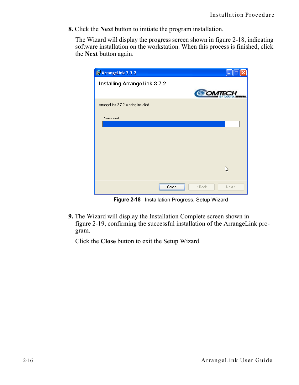 Figure 2-18 installation progress, setup wizard | Comtech EF Data Vipersat Circuit Scheduler v3.7.x ArrangeLink User Manual | Page 34 / 88