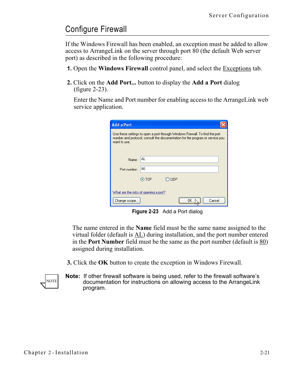 Configure firewall, Configure firewall -21, Figure 2-23 add a port dialog | Comtech EF Data Vipersat Circuit Scheduler v3.7.x ArrangeLink User Manual | Page 39 / 88