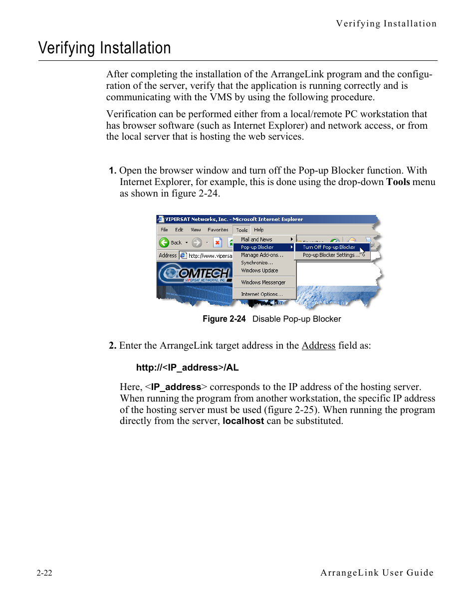 Verifying installation, Verifying installation -22, Figure 2-24 disable pop-up blocker | Comtech EF Data Vipersat Circuit Scheduler v3.7.x ArrangeLink User Manual | Page 40 / 88