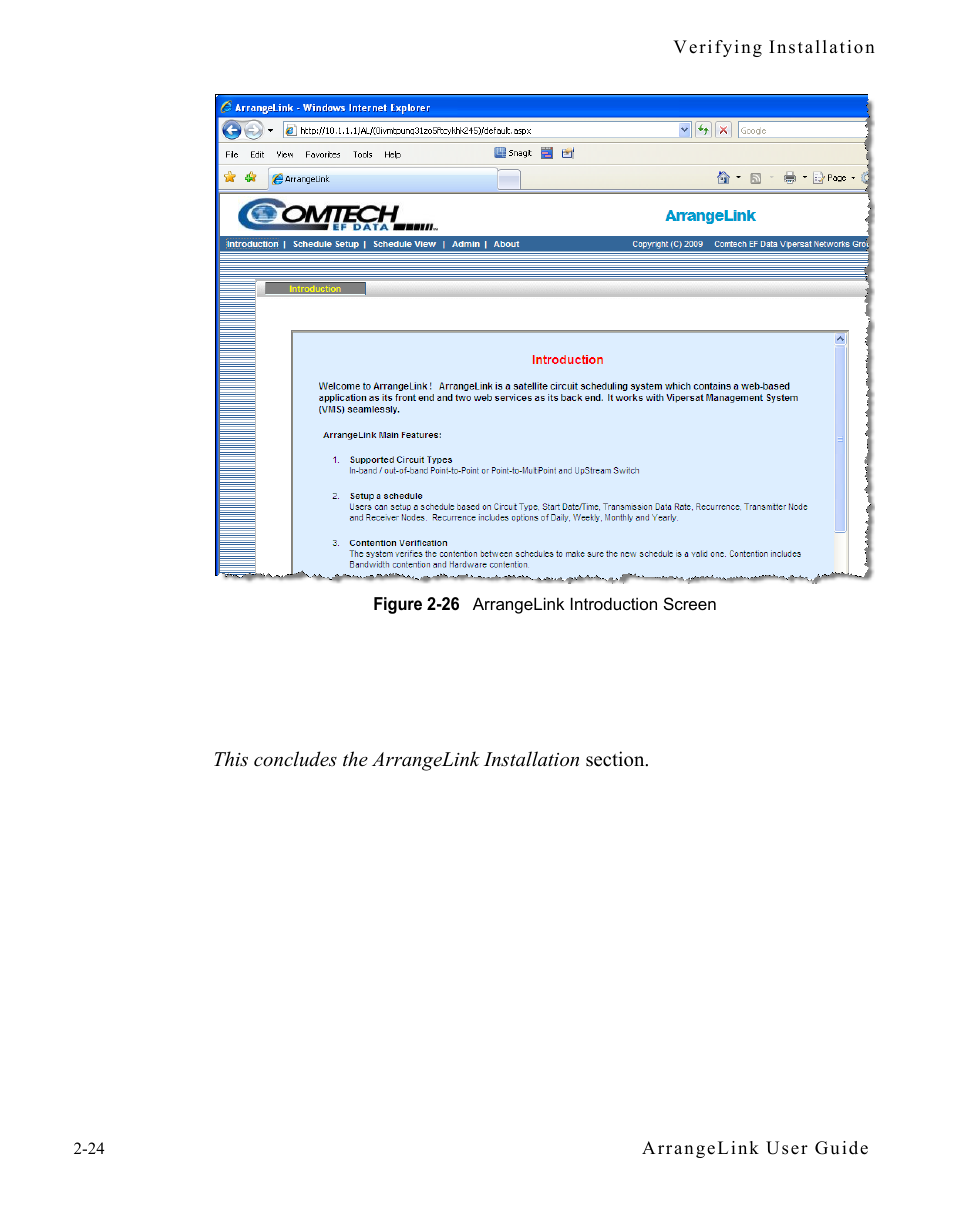 Figure 2-26 arrangelink introduction screen | Comtech EF Data Vipersat Circuit Scheduler v3.7.x ArrangeLink User Manual | Page 42 / 88