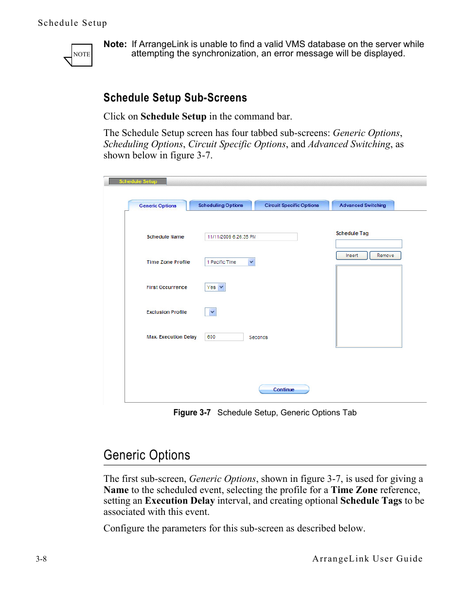 Schedule setup sub-screens, Generic options, Schedule setup sub-screens -8 | Generic options -8, Figure 3-7 schedule setup, generic options tab | Comtech EF Data Vipersat Circuit Scheduler v3.7.x ArrangeLink User Manual | Page 50 / 88