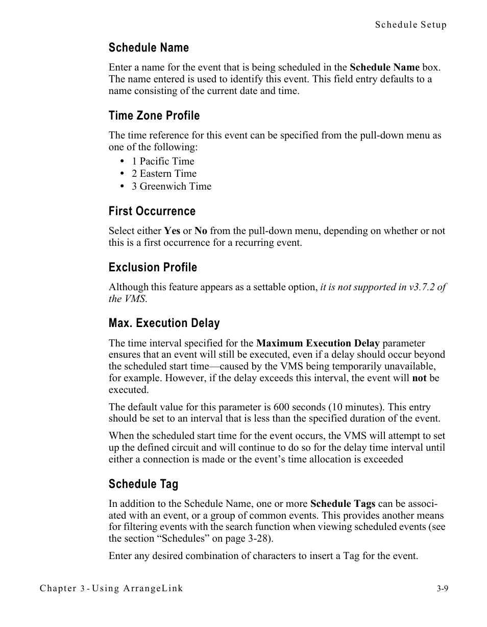 Schedule name, Time zone profile, First occurrence | Exclusion profile, Max. execution delay, Schedule tag | Comtech EF Data Vipersat Circuit Scheduler v3.7.x ArrangeLink User Manual | Page 51 / 88