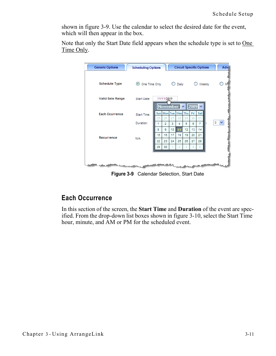 Each occurrence, Each occurrence -11, Figure 3-9 calendar selection, start date | Comtech EF Data Vipersat Circuit Scheduler v3.7.x ArrangeLink User Manual | Page 53 / 88