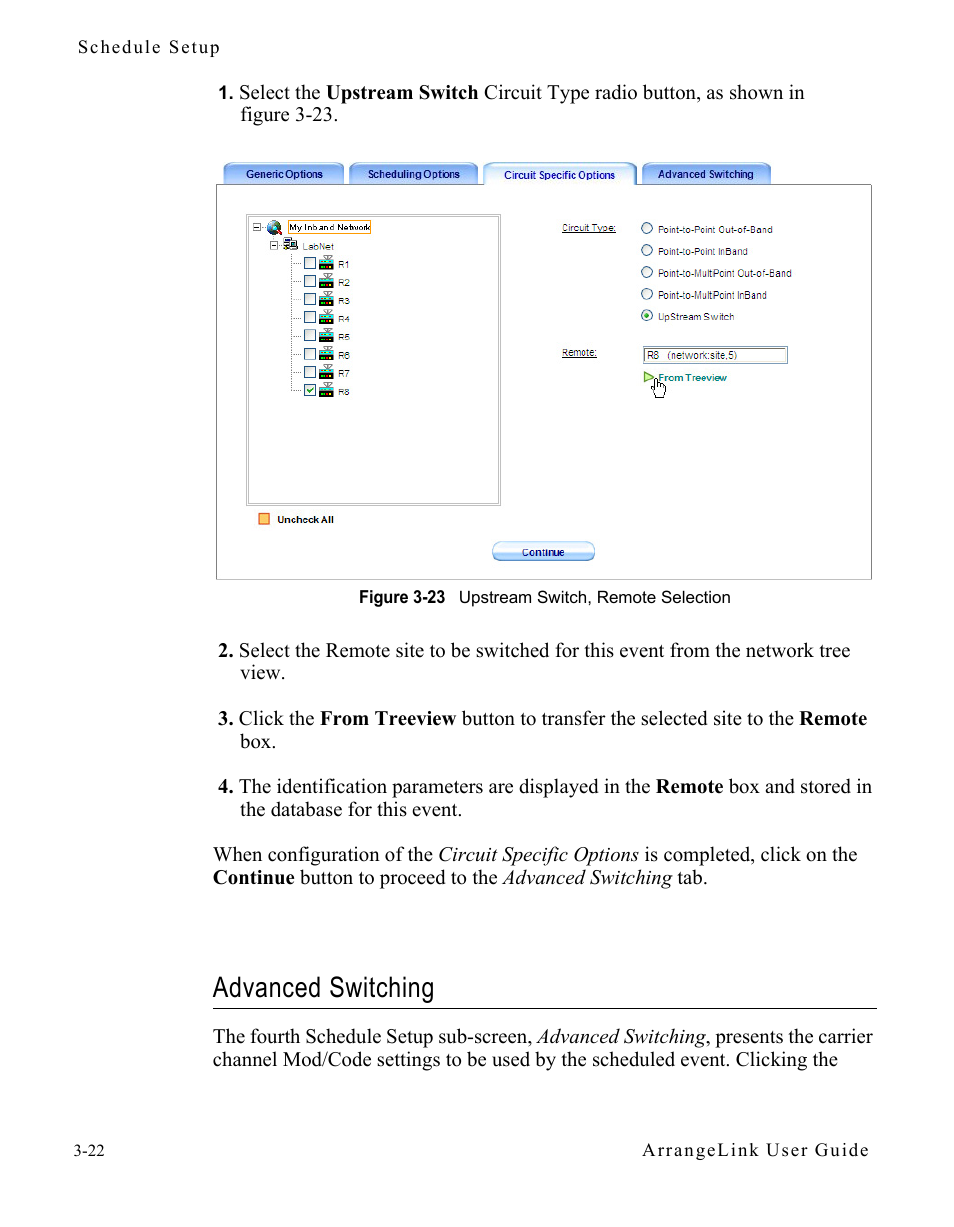 Advanced switching, Advanced switching -22, Figure 3-23 upstream switch, remote selection | Comtech EF Data Vipersat Circuit Scheduler v3.7.x ArrangeLink User Manual | Page 64 / 88