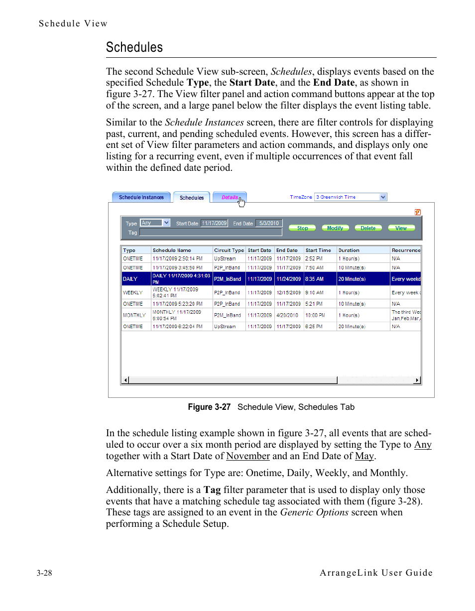 Schedules, Schedules -28, Figure 3-27 schedule view, schedules tab | Comtech EF Data Vipersat Circuit Scheduler v3.7.x ArrangeLink User Manual | Page 70 / 88