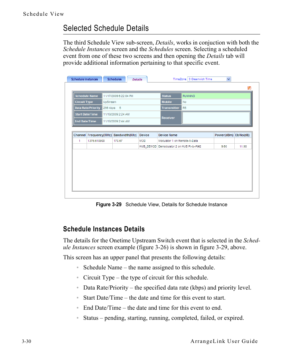 Selected schedule details, Schedule instances details, Selected schedule details -30 | Schedule instances details -30, Figure 3-29 schedule view, details for schedule, Instance | Comtech EF Data Vipersat Circuit Scheduler v3.7.x ArrangeLink User Manual | Page 72 / 88