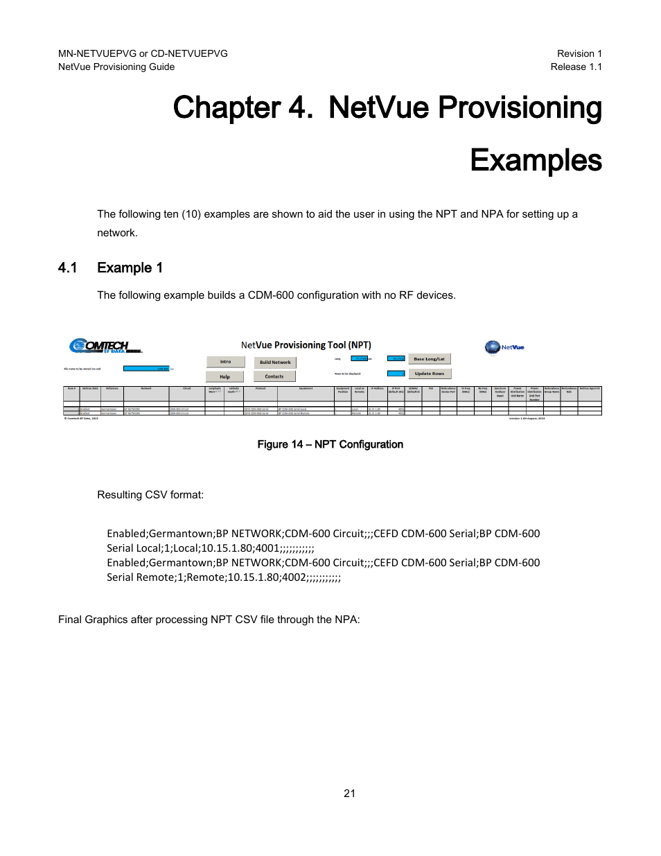 Chapter 4. netvue provisioning examples, 1 example 1, Chapter 4 | Netvue provisioning examples, Example 1 | Comtech EF Data NetVue Release 1.1 Provisioning Guide User Manual | Page 23 / 34