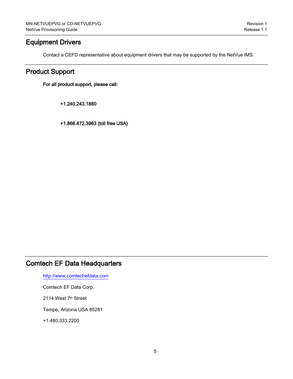Equipment drivers, Product support, Comtech ef data headquarters | Comtech EF Data NetVue Release 1.1 Provisioning Guide User Manual | Page 7 / 34