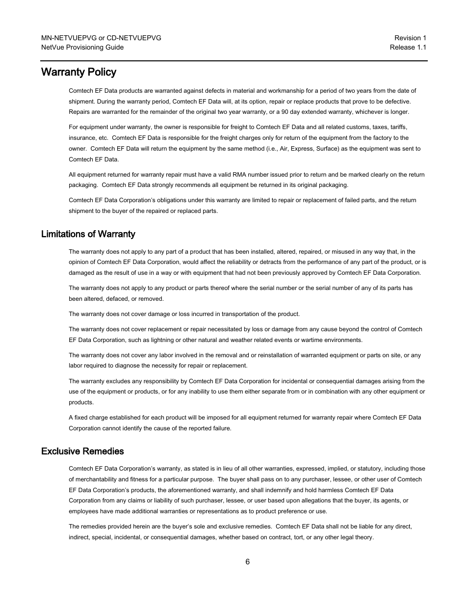 Warranty policy | Comtech EF Data NetVue Release 1.1 Provisioning Guide User Manual | Page 8 / 34