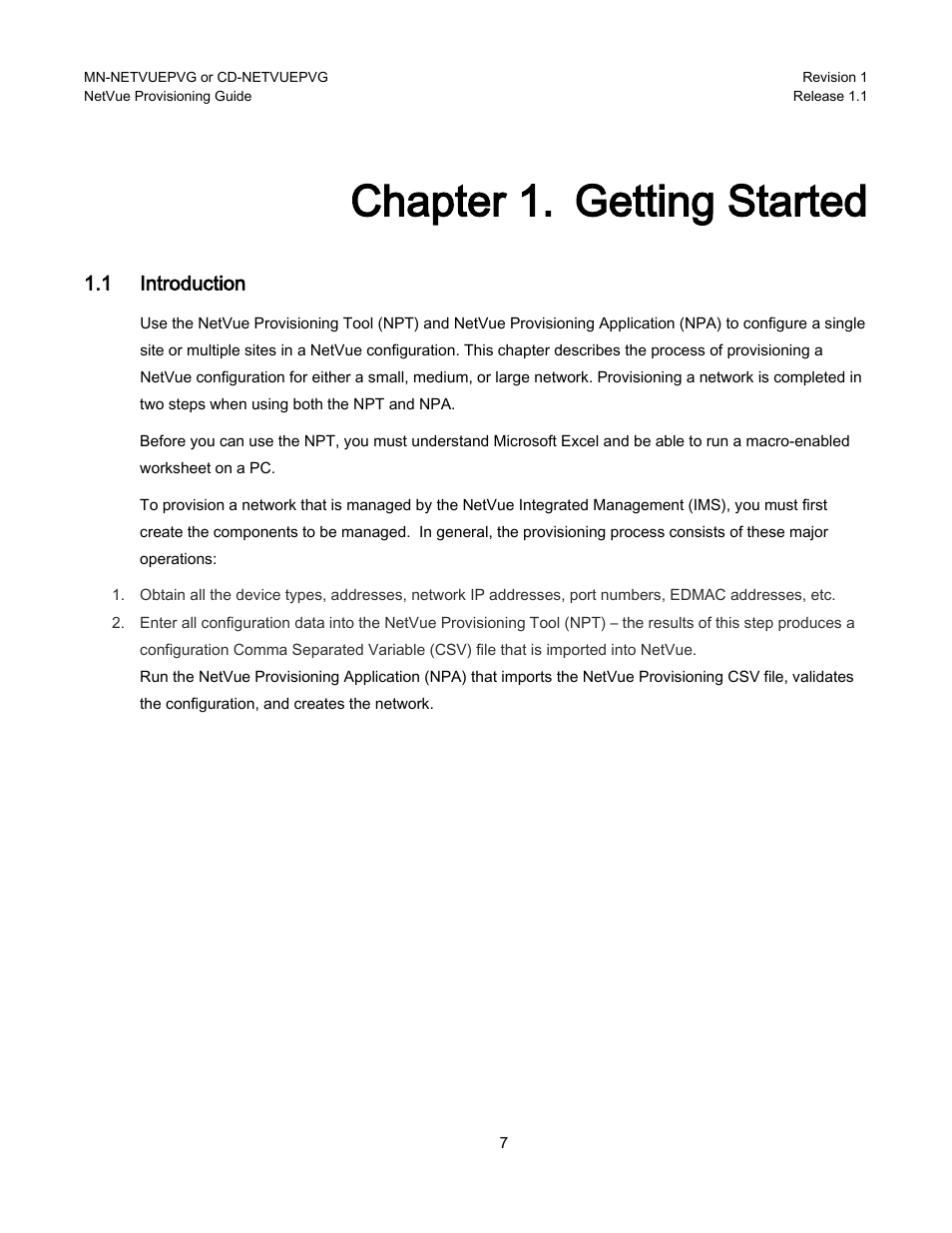 Chapter 1. getting started, 1 introduction, Chapter 1 | Getting started, Introduction | Comtech EF Data NetVue Release 1.1 Provisioning Guide User Manual | Page 9 / 34