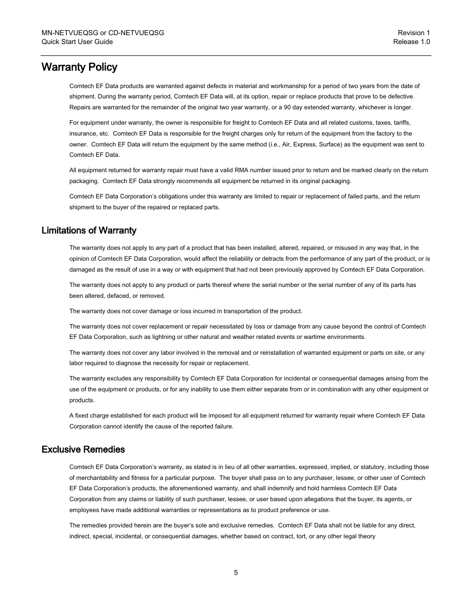 Warranty policy, Limitations of warranty, Exclusive remedies | Comtech EF Data NetVue Release 1.1 Quick Start Guide User Manual | Page 7 / 20