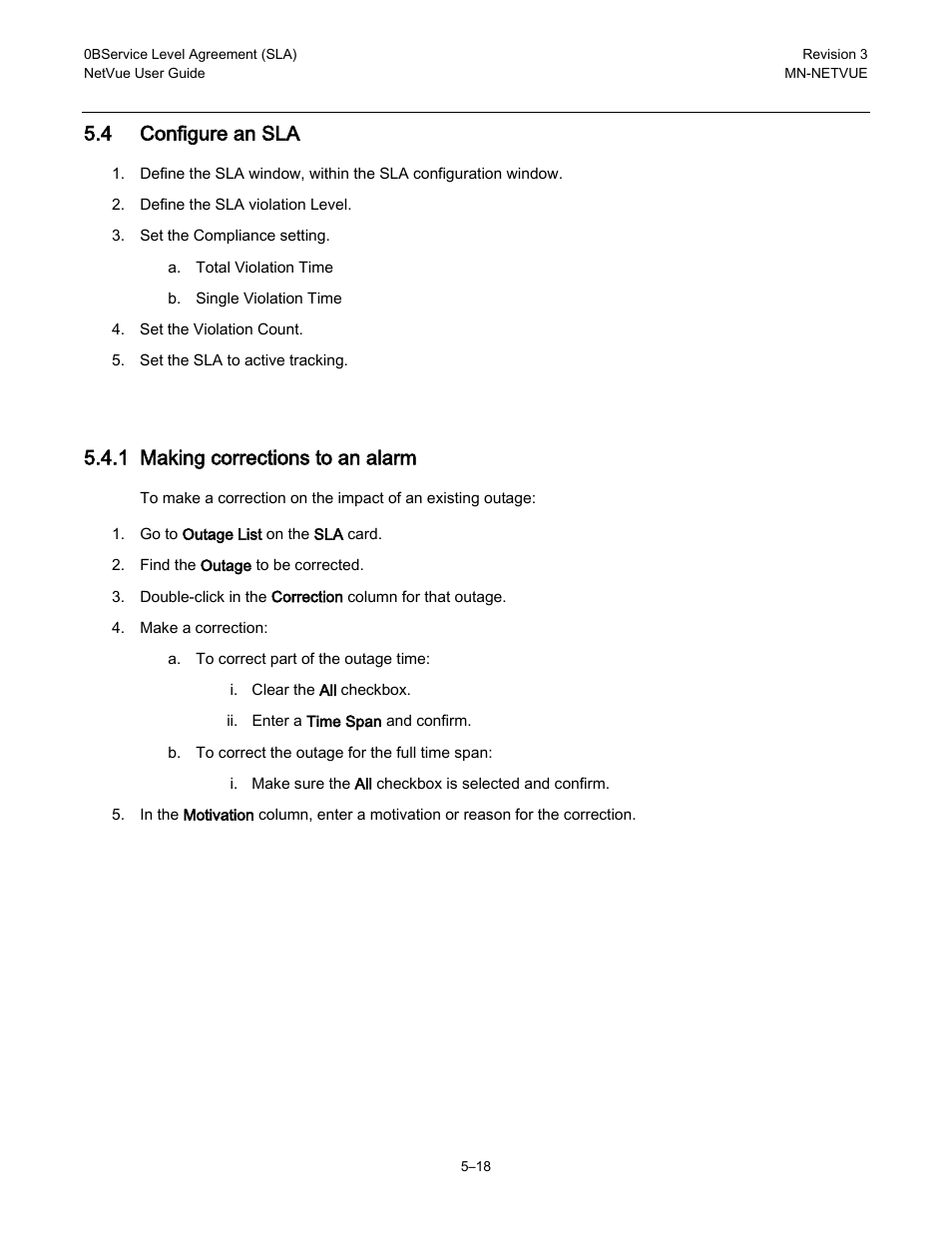 4 configure an sla, 1 making corrections to an alarm | Comtech EF Data NetVue Release 1.1 User Guide User Manual | Page 113 / 265