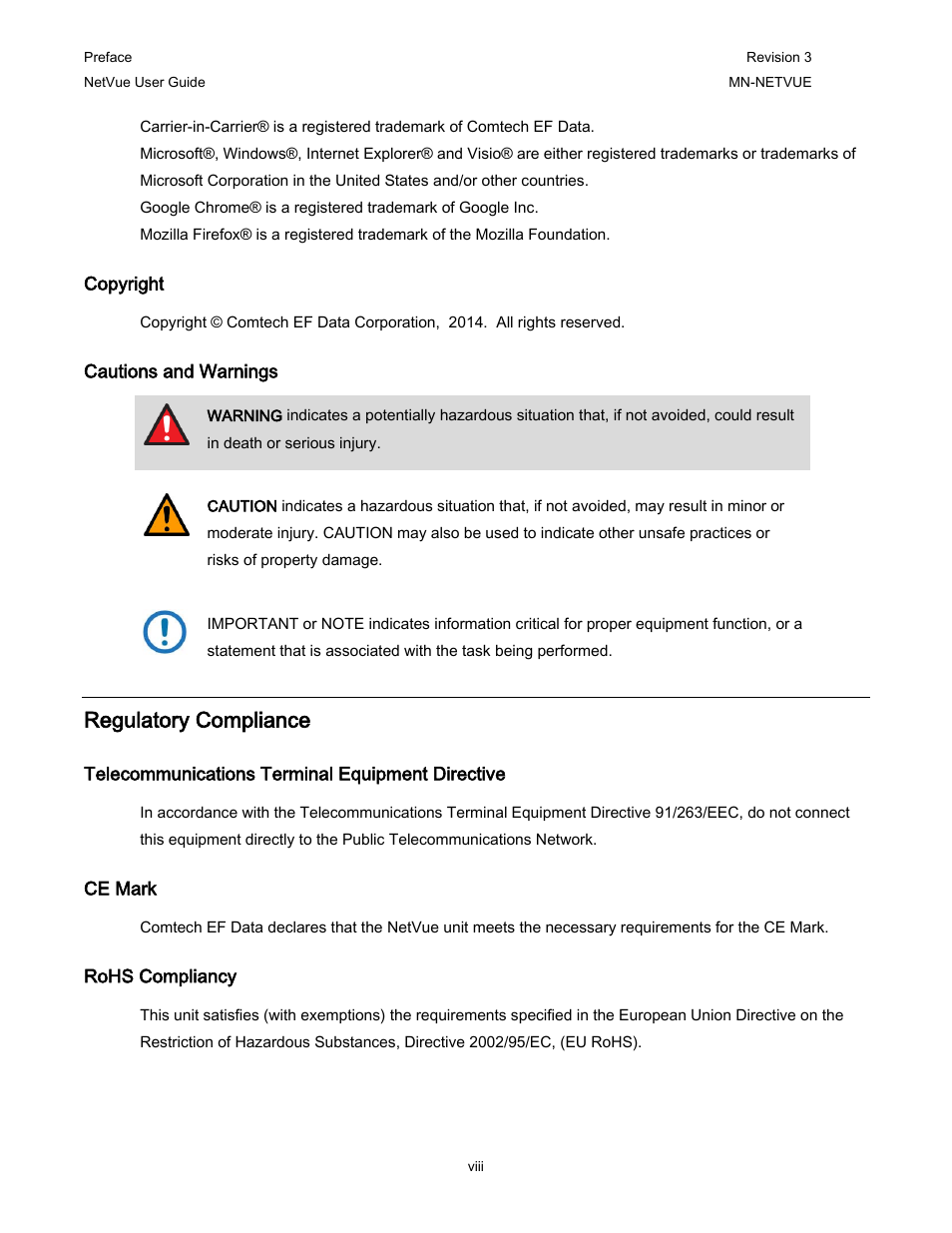 Copyright, Cautions and warnings, Regulatory compliance | Telecommunications terminal equipment directive, Ce mark, Rohs compliancy | Comtech EF Data NetVue Release 1.1 User Guide User Manual | Page 12 / 265