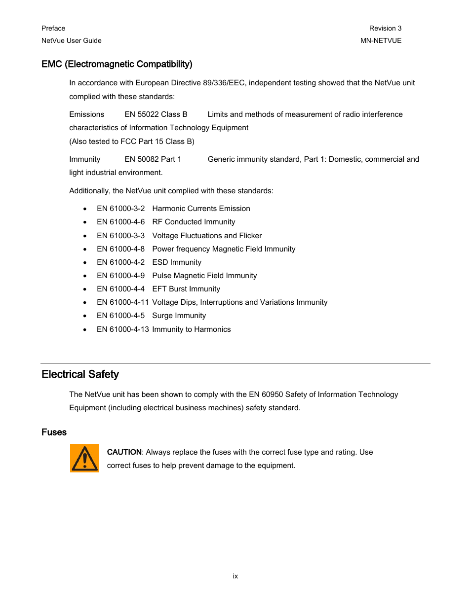 Emc (electromagnetic compatibility), Electrical safety, Fuses | Comtech EF Data NetVue Release 1.1 User Guide User Manual | Page 13 / 265