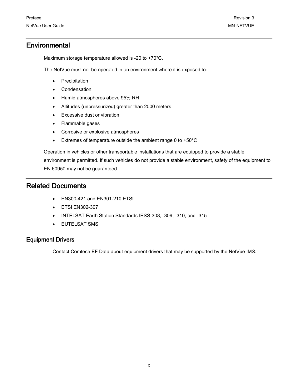 Environmental, Related documents, Equipment drivers | Comtech EF Data NetVue Release 1.1 User Guide User Manual | Page 14 / 265