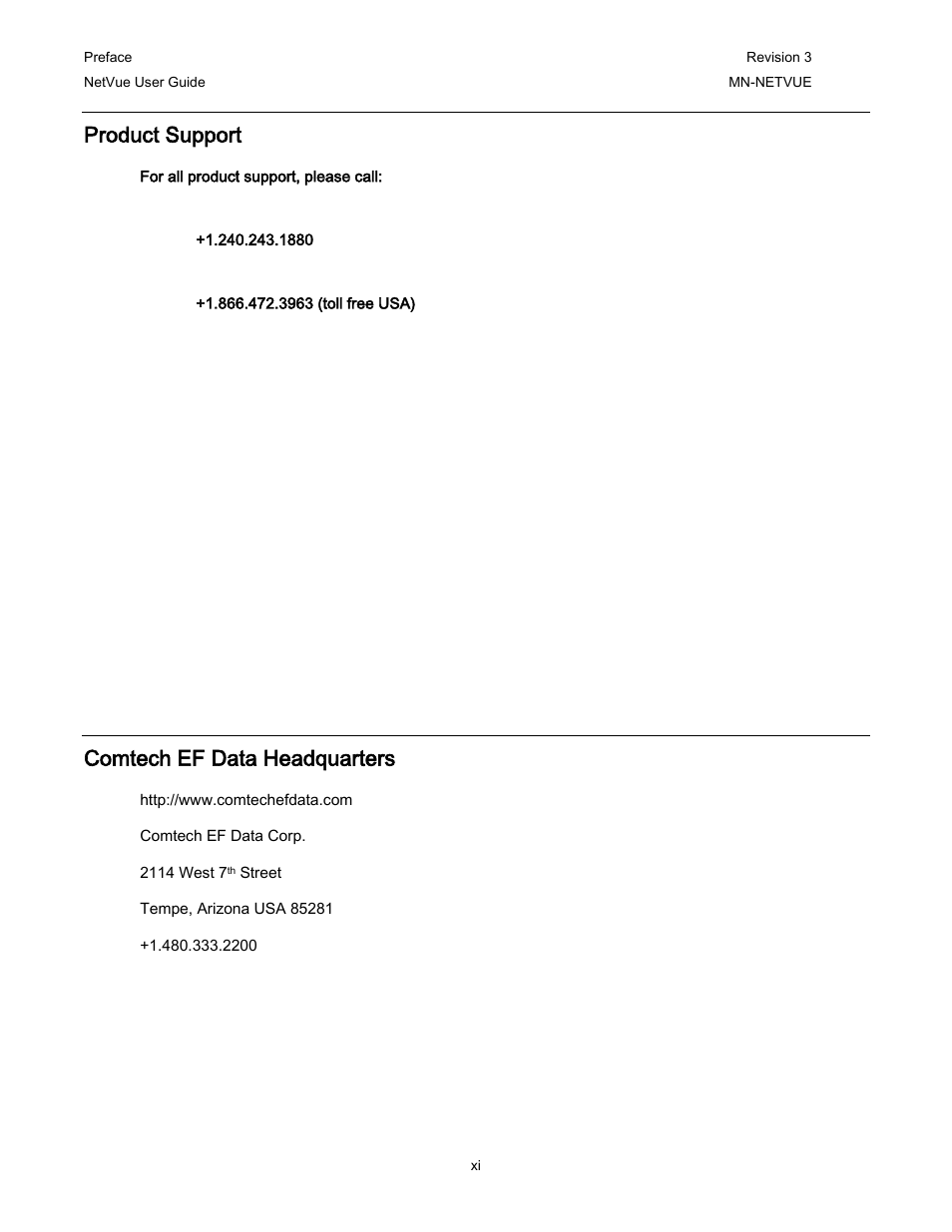 Product support, Comtech ef data headquarters | Comtech EF Data NetVue Release 1.1 User Guide User Manual | Page 15 / 265