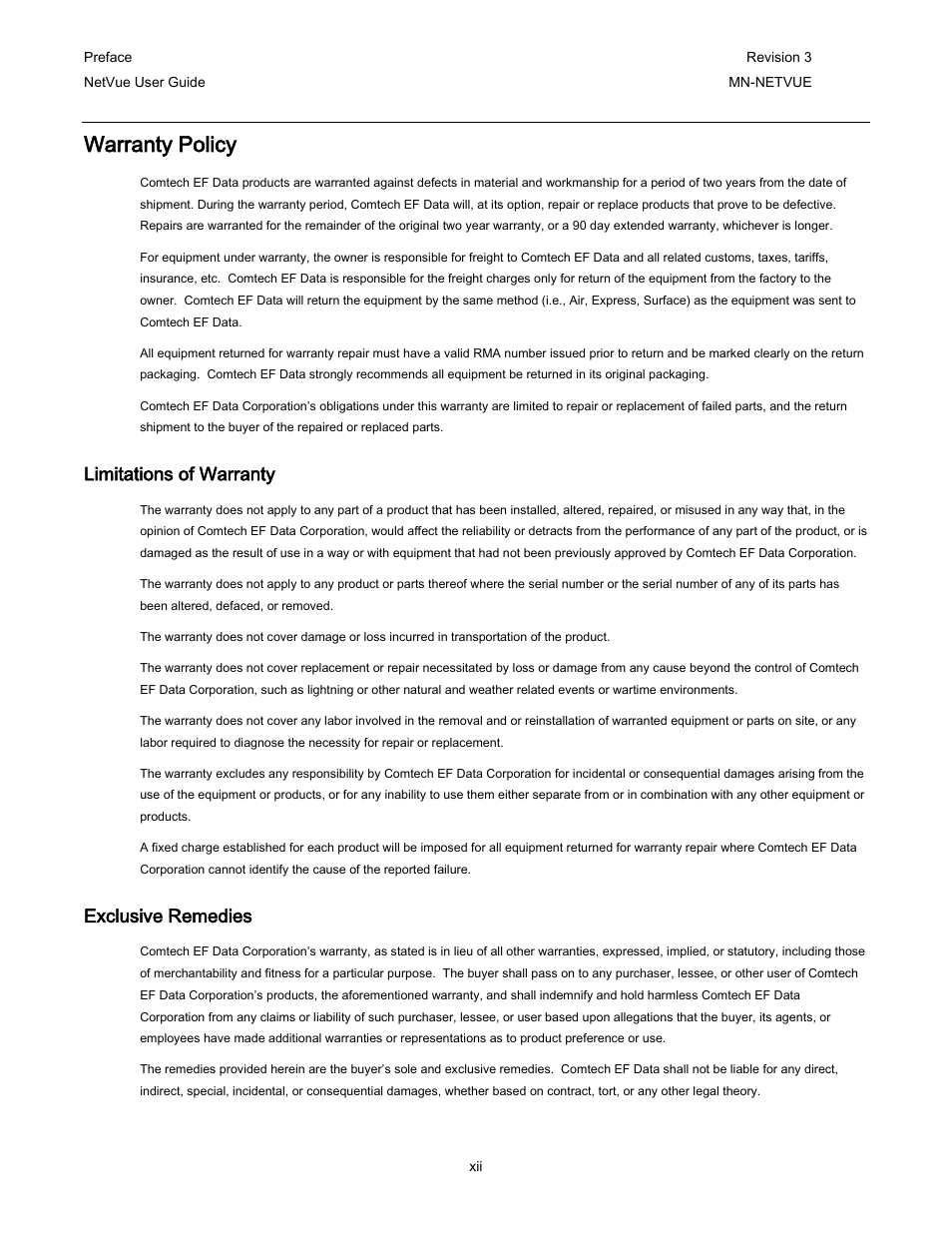 Warranty policy, Limitations of warranty, Exclusive remedies | Comtech EF Data NetVue Release 1.1 User Guide User Manual | Page 16 / 265