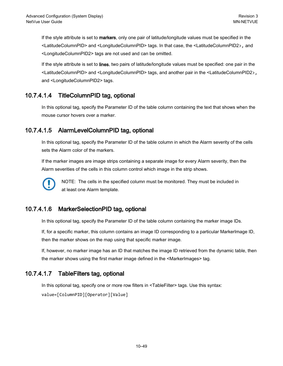 4 titlecolumnpid tag, optional, 5 alarmlevelcolumnpid tag, optional, 6 markerselectionpid tag, optional | 7 tablefilters tag, optional | Comtech EF Data NetVue Release 1.1 User Guide User Manual | Page 186 / 265