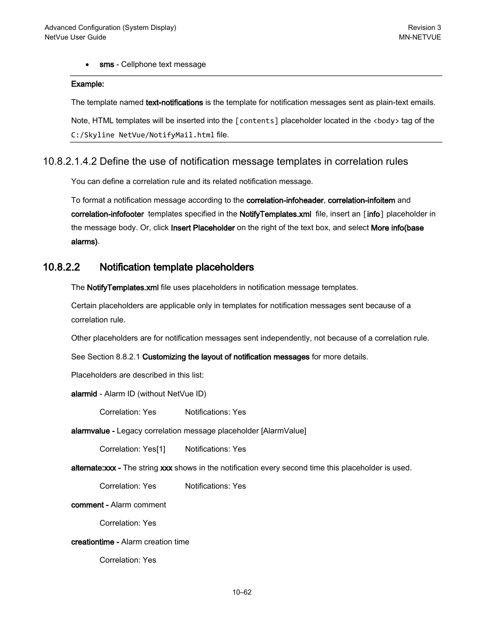 2 notification template placeholders | Comtech EF Data NetVue Release 1.1 User Guide User Manual | Page 199 / 265