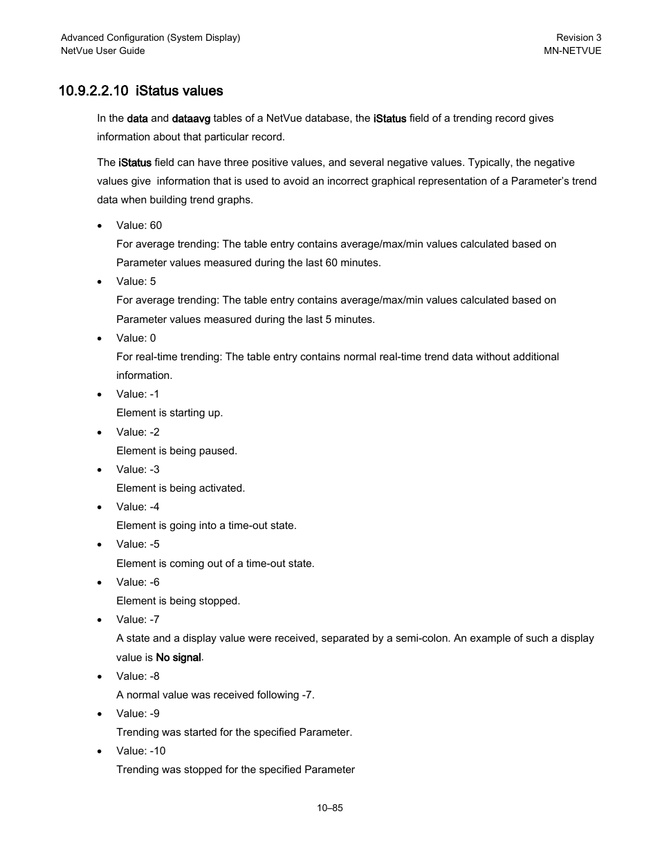 10 istatus values | Comtech EF Data NetVue Release 1.1 User Guide User Manual | Page 222 / 265