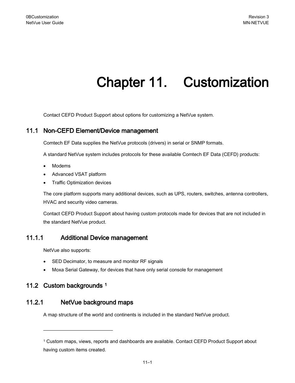 Chapter 11. customization, 1 non-cefd element/device management, 1 additional device management | 2 custom backgrounds, 1 netvue background maps | Comtech EF Data NetVue Release 1.1 User Guide User Manual | Page 225 / 265