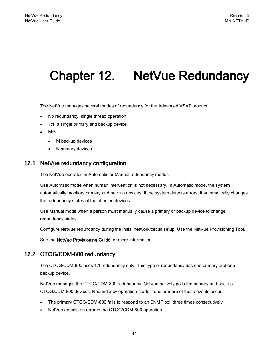 Chapter 12. netvue redundancy, 1 netvue redundancy configuration, 2 ctog/cdm-800 redundancy | Comtech EF Data NetVue Release 1.1 User Guide User Manual | Page 227 / 265
